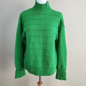 RW&CO Kelly Green Mock Neck Sweater Womens Medium Textured Stripe Chunky Knit